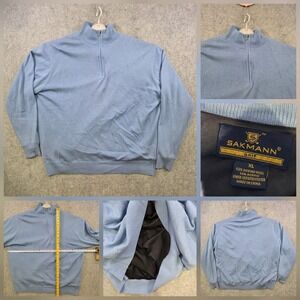 Sakmann Sweater Mens XL Blue Merino Wool Blend 1/4 Zip Mock Neck Golf‎ Pullover